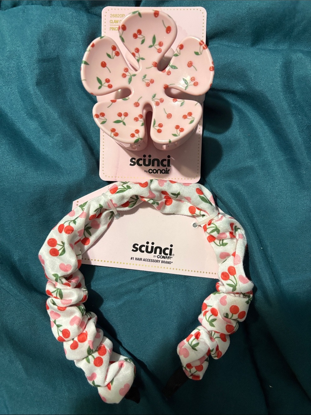 Scunci Pink Cherry Print Headband and Flower Clip Set